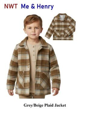 Me & Henry Grey Beige Plaid Shacket - Jacket with shirt style - size 5/6Y | NWT